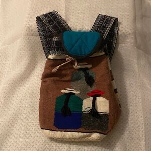 Handwoven Ethnic Mini Backpack - Brown with Teal Accent
